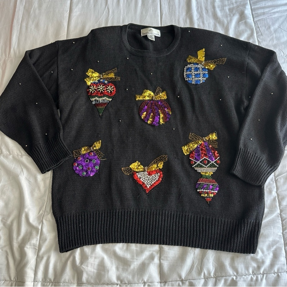 Women Black 1X Christmas Ornament Sequin Sweater Holiday Sparkle Brittany Leigh